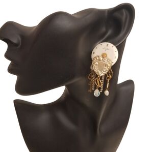 VINTAGE REPURPOSED WATCH FACE EARRINGS WITH ART NOUVEAU HEART & GOLDTONE CHARMS